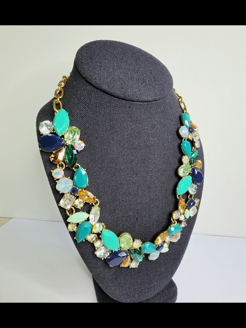 J. Crew Statement Necklace with Teal Emerald Light Blue Clear Rhinestones Brass - Picture 3 of 6